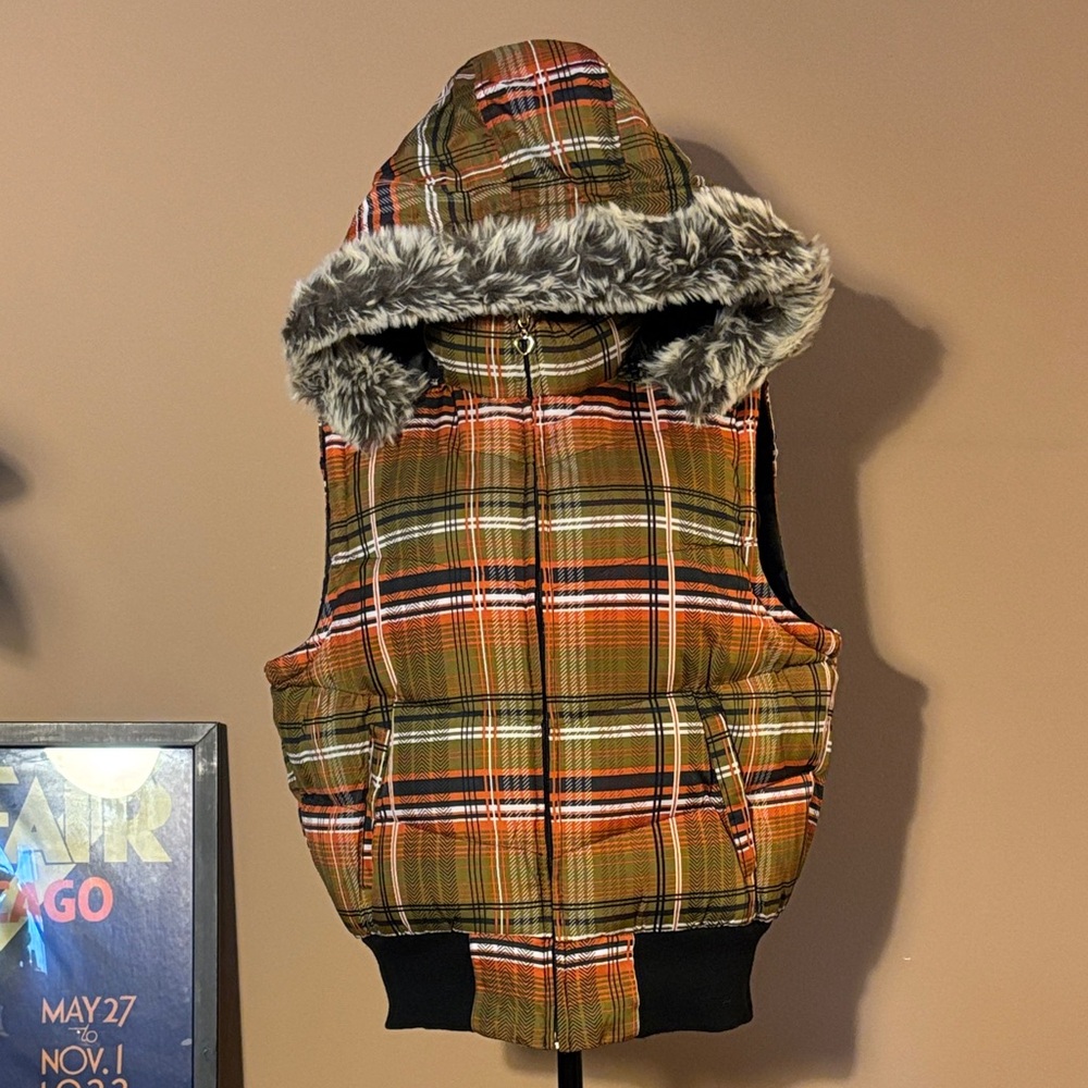 Plaid Hooded Puffer Vest with Faux Fur Trim (detachable hood)
